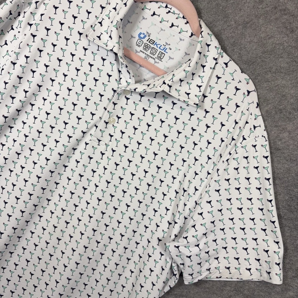 IBKUL Polo Shirt Mens XL Indigo White Cocktails Short Sleeve UPF 50 Quick Dry